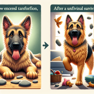 Illustration of German Shepherd's transformation before and after.